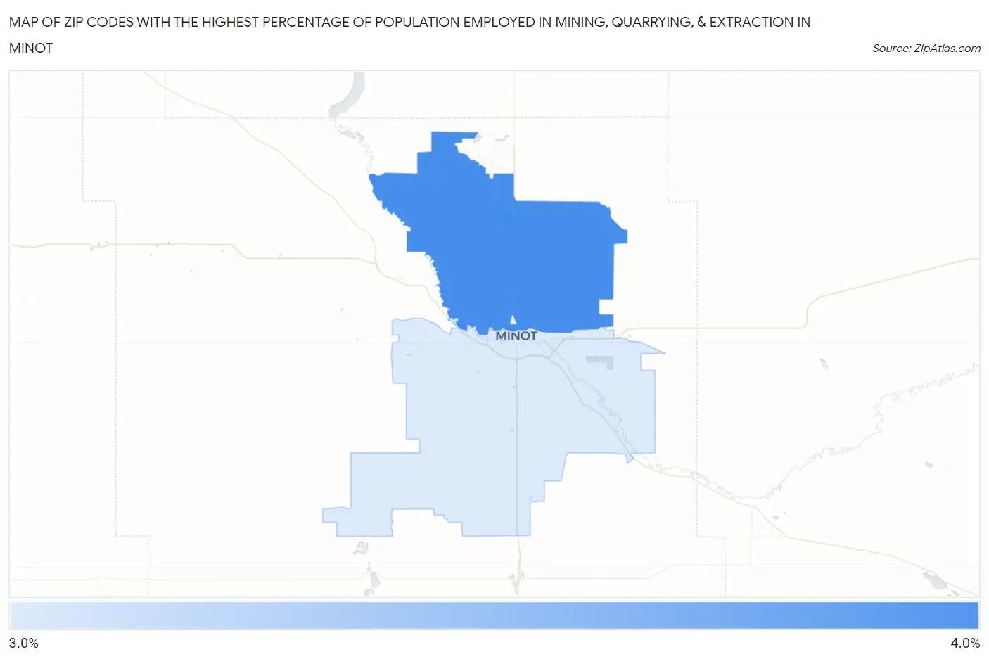 Zip Codes with the Highest Percentage of Population Employed in Mining, Quarrying, & Extraction in Minot Map