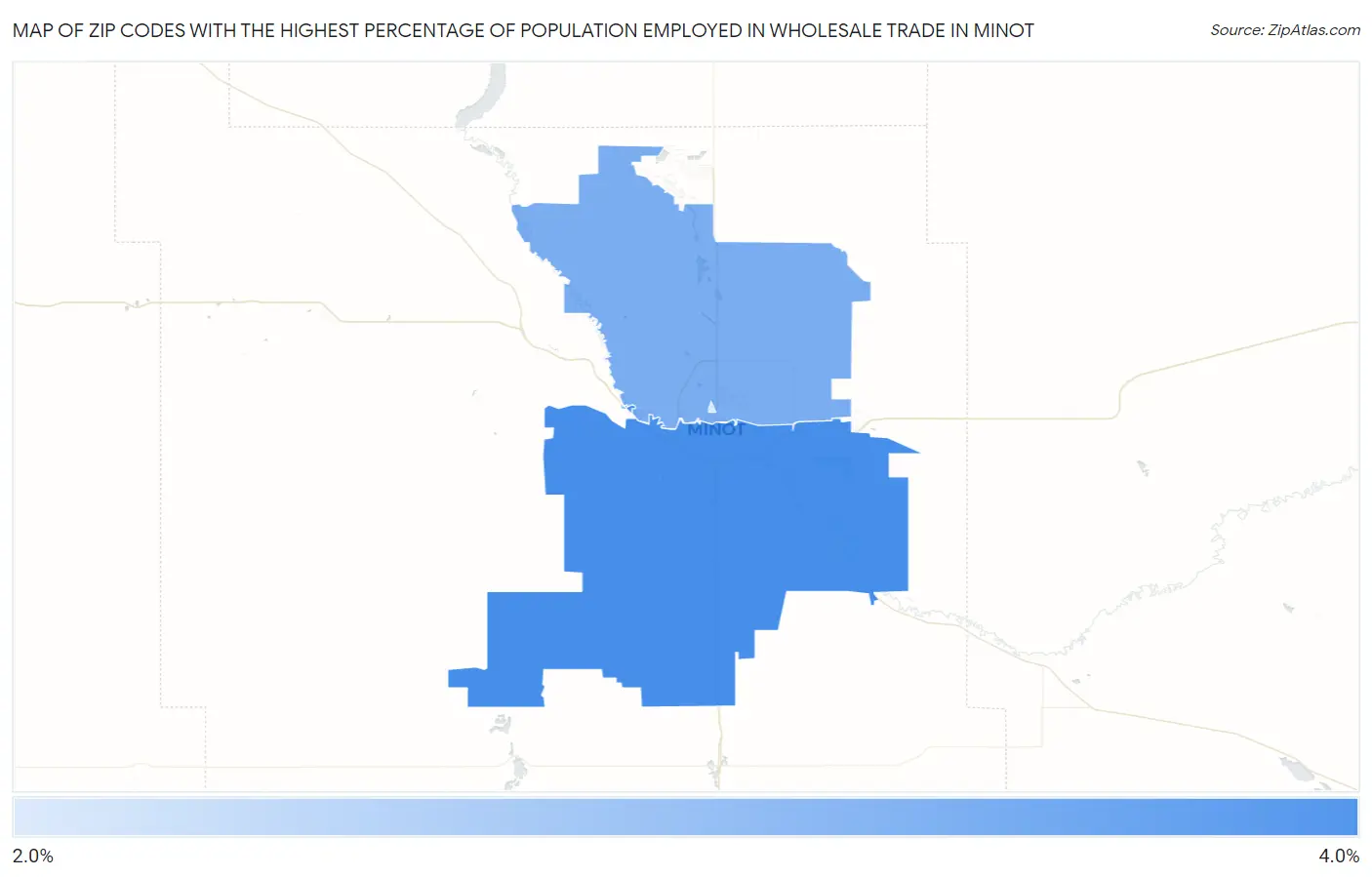 Zip Codes with the Highest Percentage of Population Employed in Wholesale Trade in Minot Map