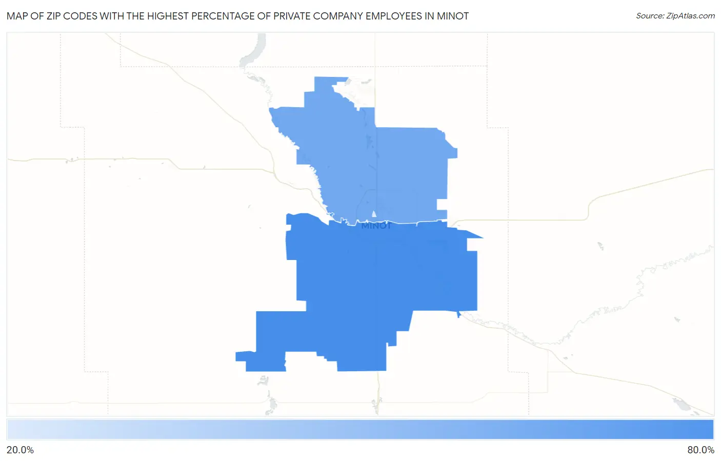 Zip Codes with the Highest Percentage of Private Company Employees in Minot Map