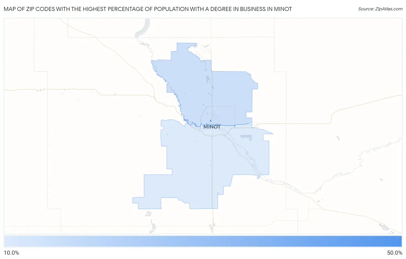 Zip Codes with the Highest Percentage of Population with a Degree in Business in Minot Map