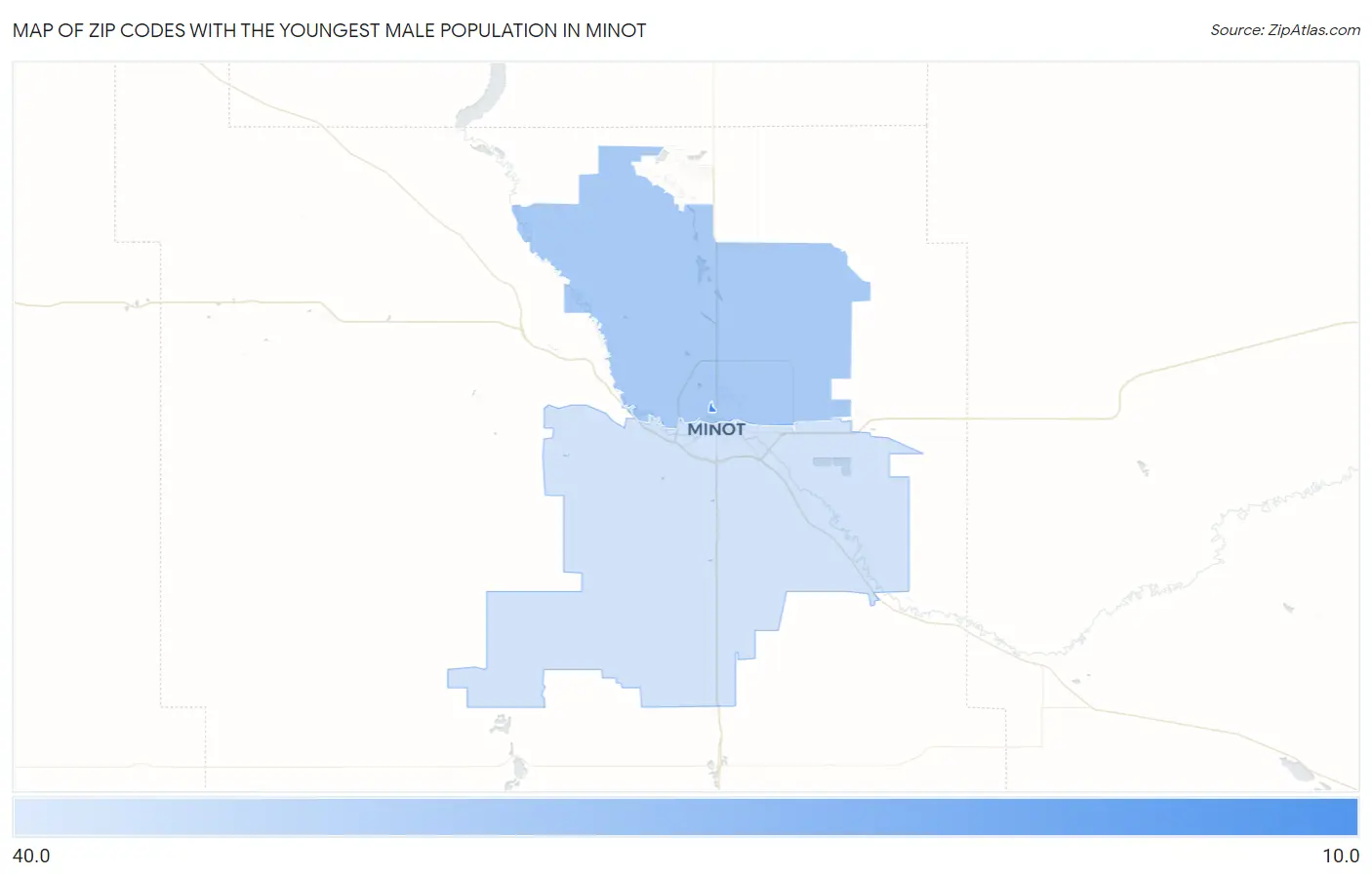 Zip Codes with the Youngest Male Population in Minot Map