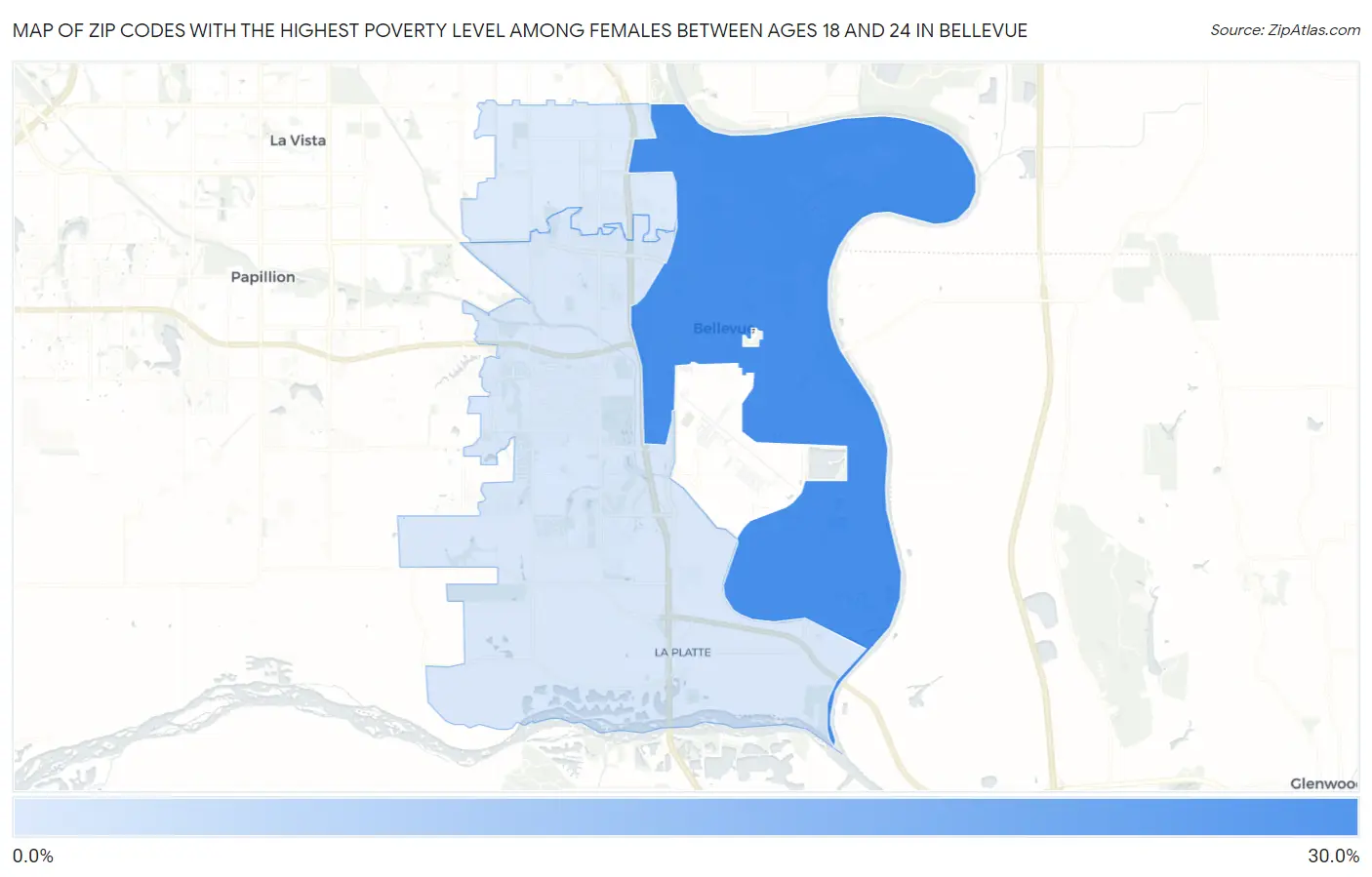Zip Codes with the Highest Poverty Level Among Females Between Ages 18 and 24 in Bellevue Map