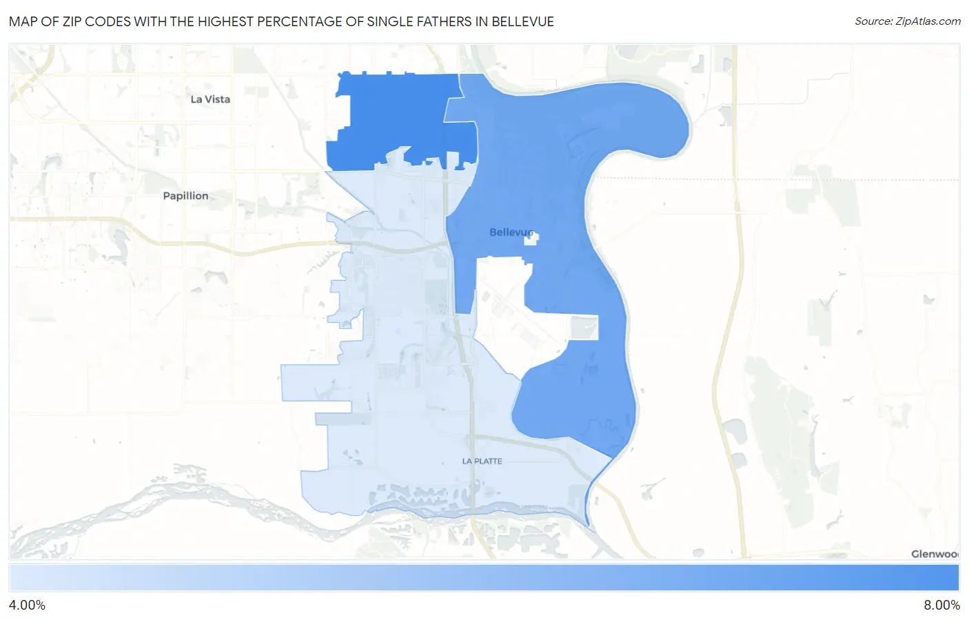 Zip Codes with the Highest Percentage of Single Fathers in Bellevue Map