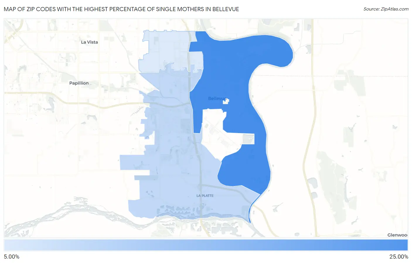 Zip Codes with the Highest Percentage of Single Mothers in Bellevue Map