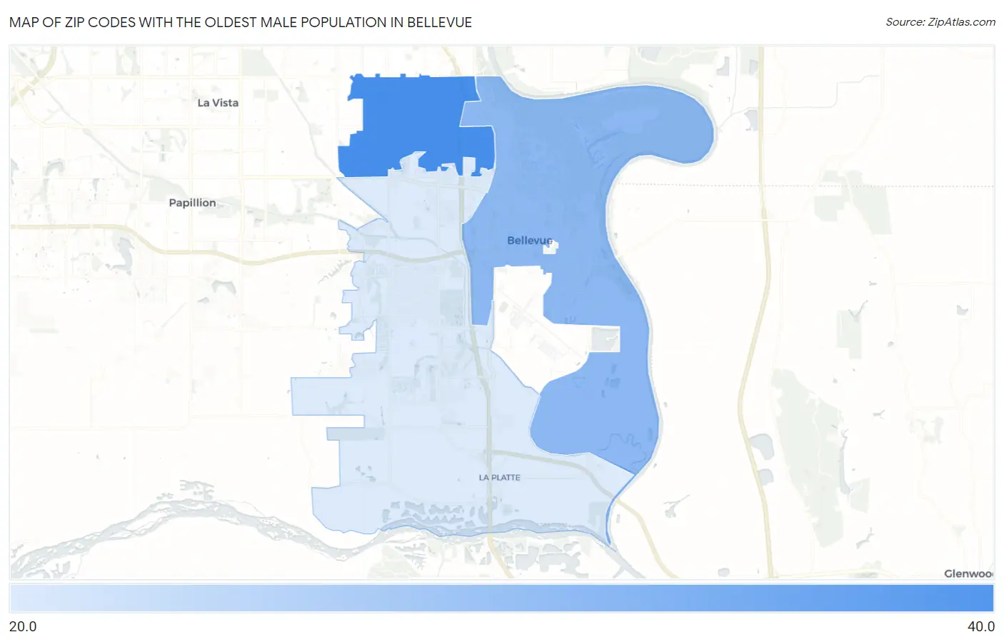 Zip Codes with the Oldest Male Population in Bellevue Map