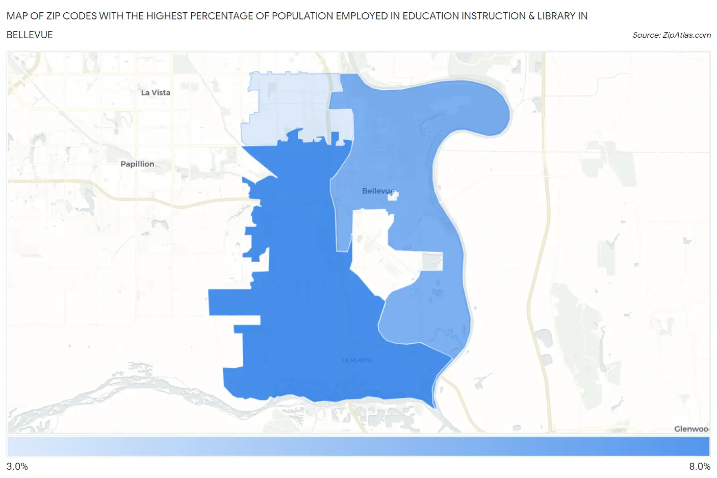 Zip Codes with the Highest Percentage of Population Employed in Education Instruction & Library in Bellevue Map