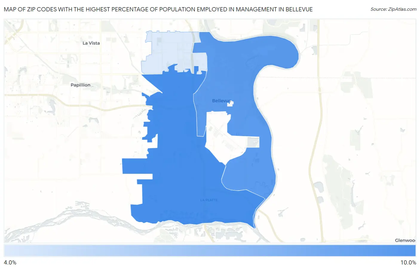 Zip Codes with the Highest Percentage of Population Employed in Management in Bellevue Map