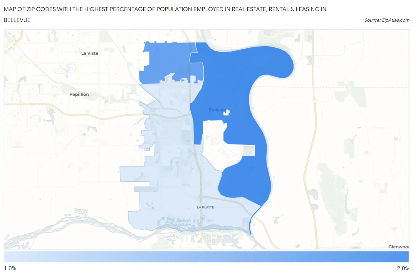Zip Codes with the Highest Percentage of Population Employed in Real Estate, Rental & Leasing in Bellevue Map