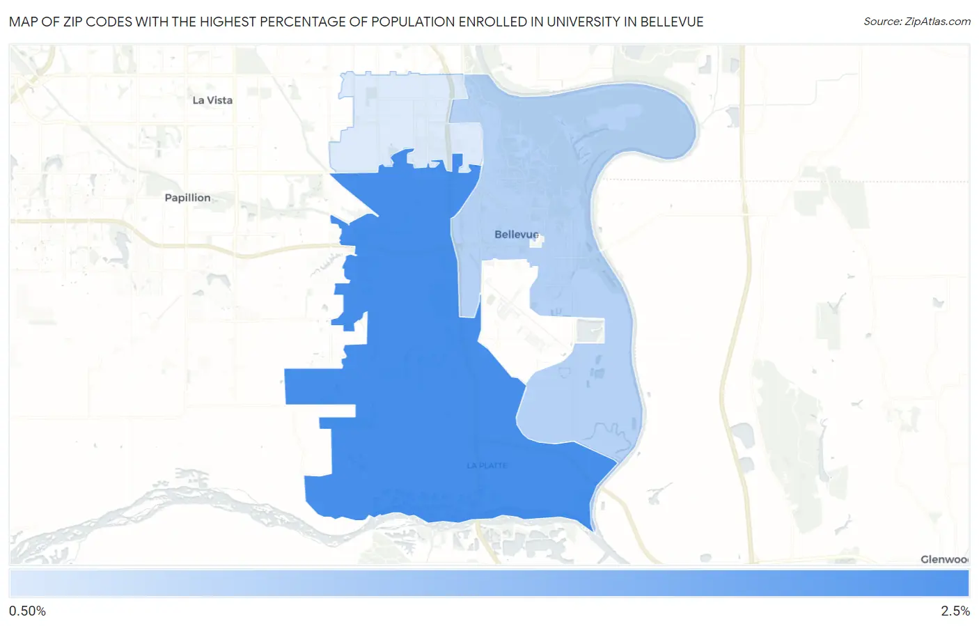 Zip Codes with the Highest Percentage of Population Enrolled in University in Bellevue Map
