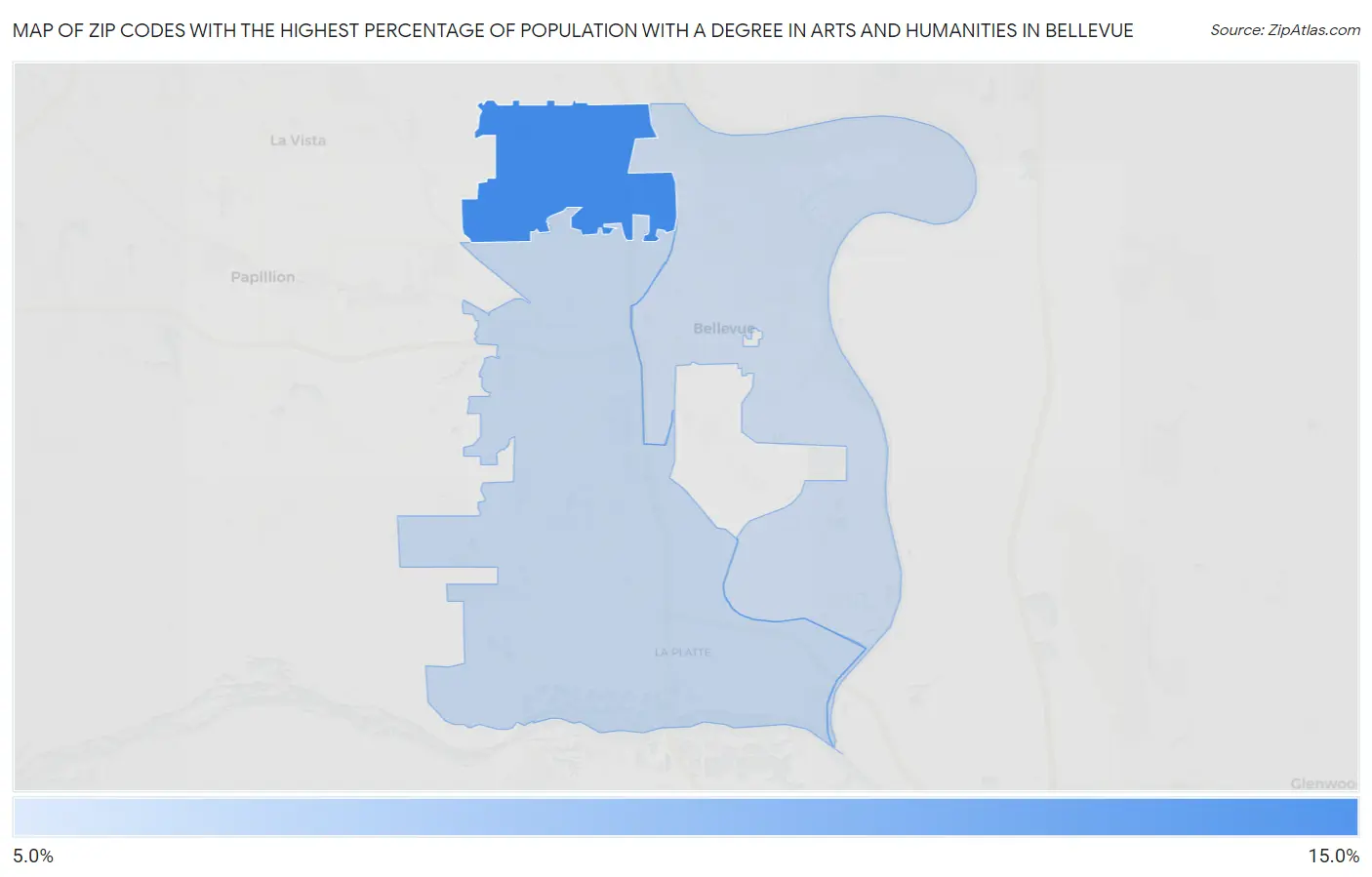 Zip Codes with the Highest Percentage of Population with a Degree in Arts and Humanities in Bellevue Map