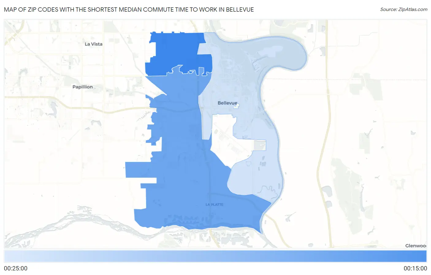 Zip Codes with the Shortest Median Commute Time to Work in Bellevue Map