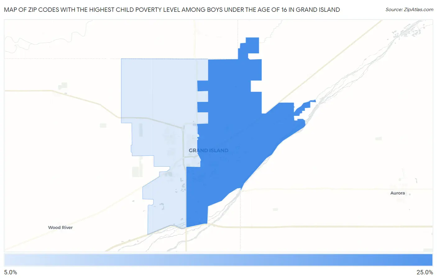 Zip Codes with the Highest Child Poverty Level Among Boys Under the Age of 16 in Grand Island Map