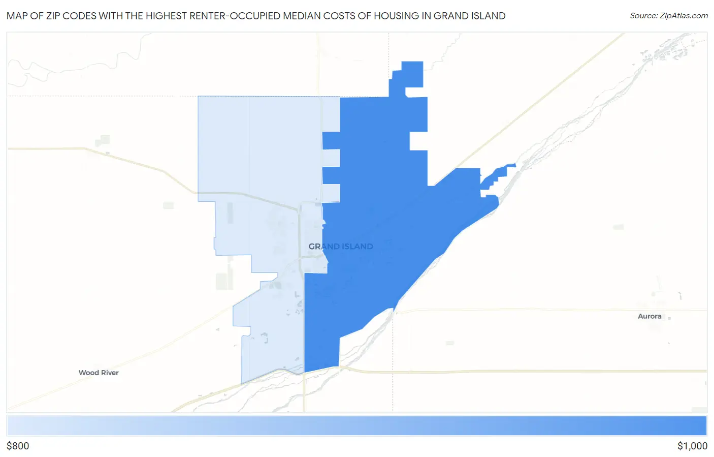 Zip Codes with the Highest Renter-Occupied Median Costs of Housing in Grand Island Map