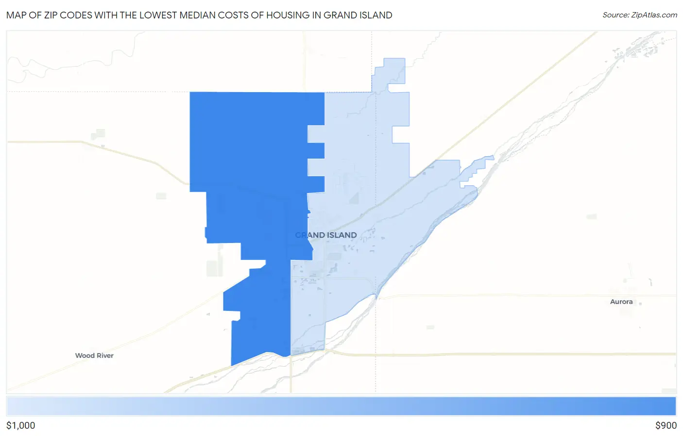 Zip Codes with the Lowest Median Costs of Housing in Grand Island Map