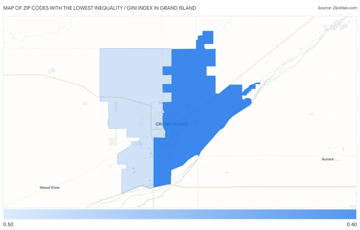 Zip Codes with the Lowest Inequality / Gini Index in Grand Island Map