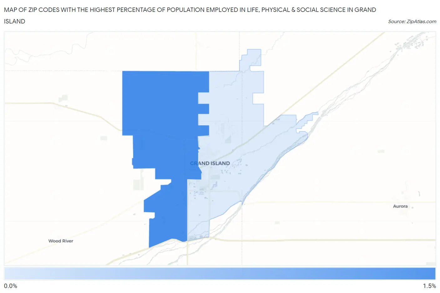 Zip Codes with the Highest Percentage of Population Employed in Life, Physical & Social Science in Grand Island Map
