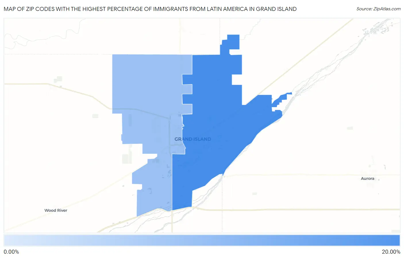 Zip Codes with the Highest Percentage of Immigrants from Latin America in Grand Island Map