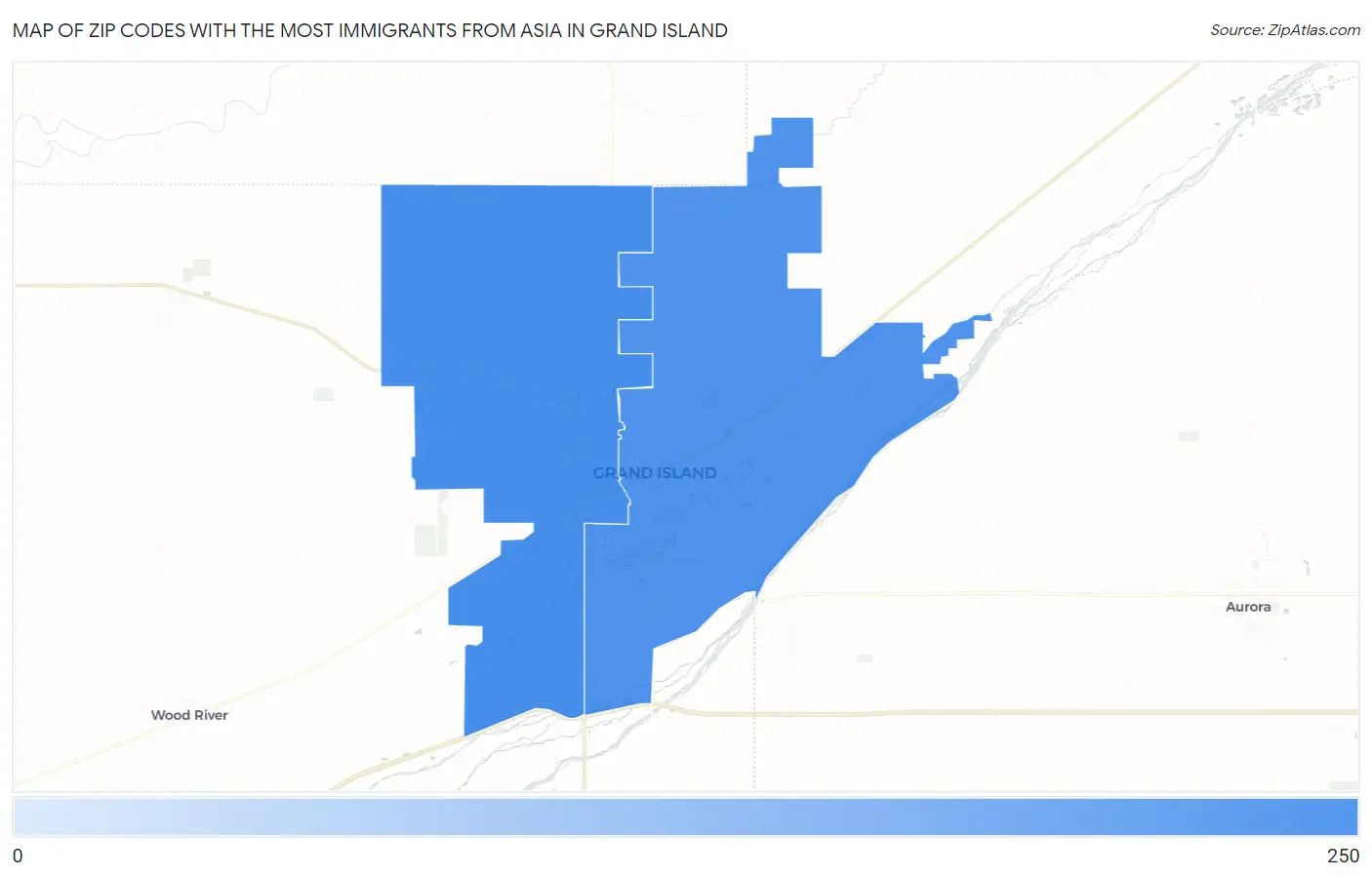 Zip Codes with the Most Immigrants from Asia in Grand Island Map