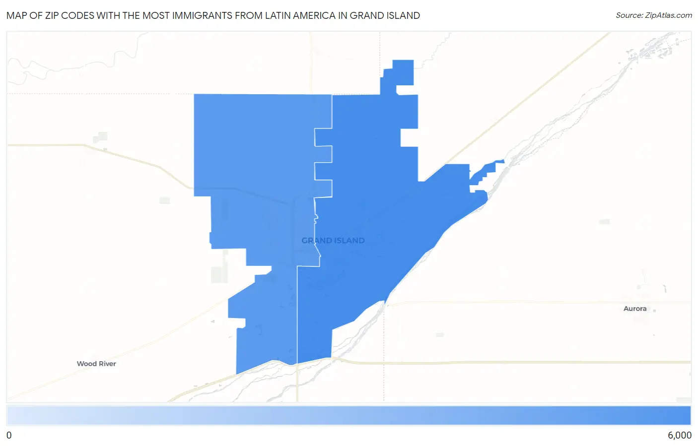 Zip Codes with the Most Immigrants from Latin America in Grand Island Map
