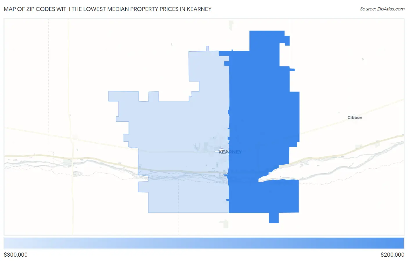 Zip Codes with the Lowest Median Property Prices in Kearney Map