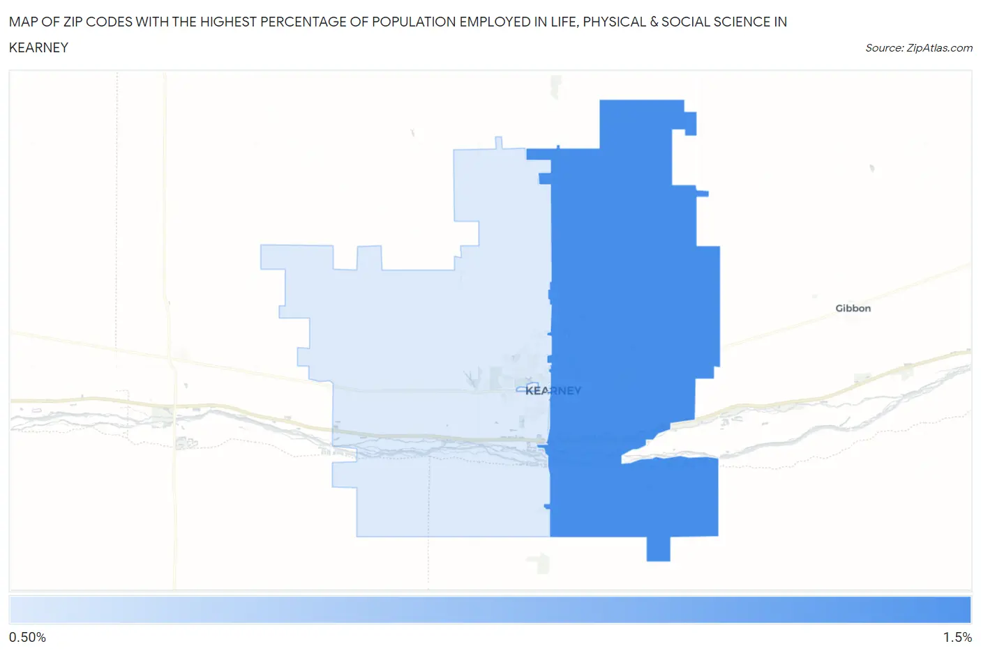 Zip Codes with the Highest Percentage of Population Employed in Life, Physical & Social Science in Kearney Map