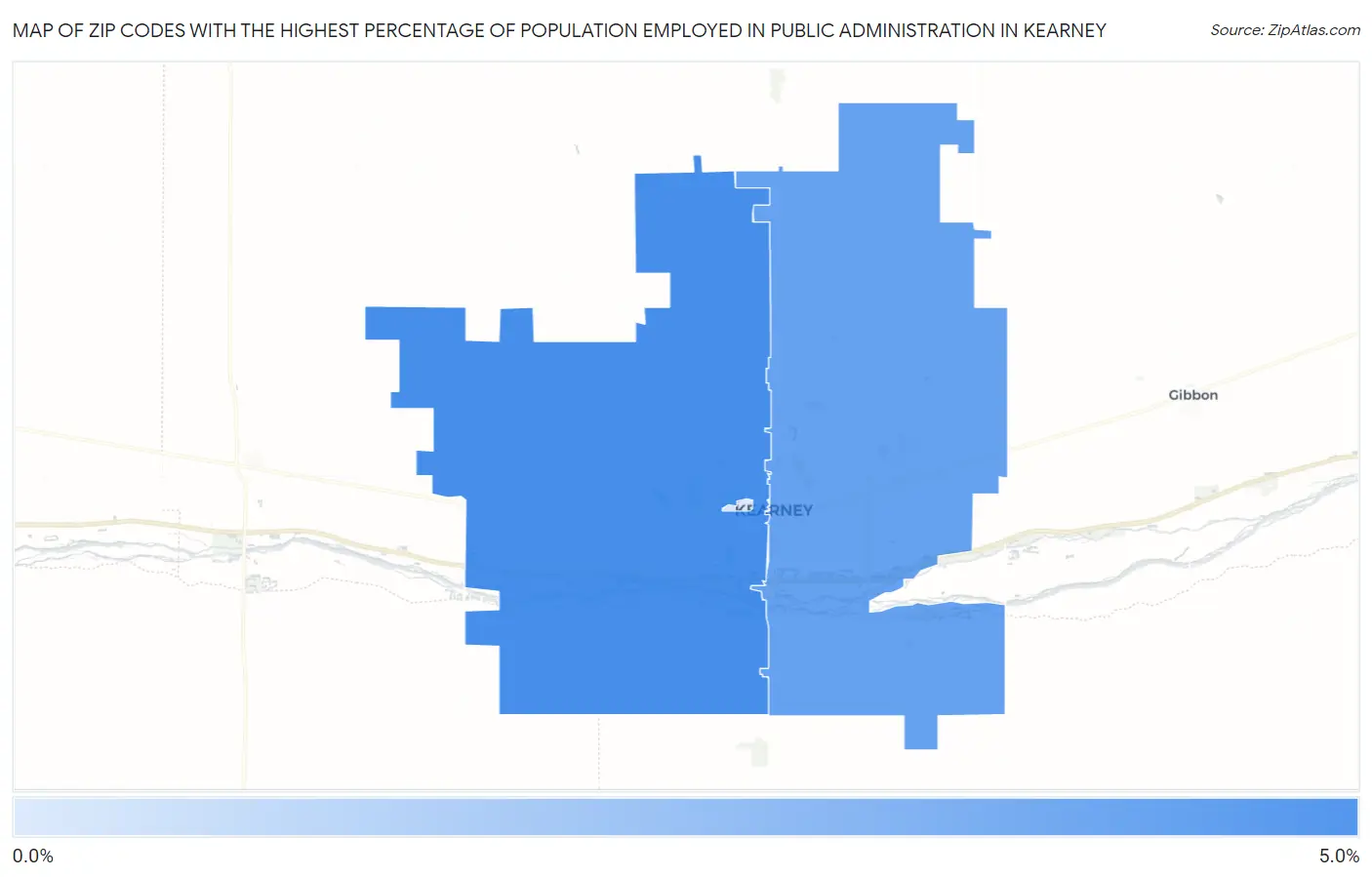 Zip Codes with the Highest Percentage of Population Employed in Public Administration in Kearney Map