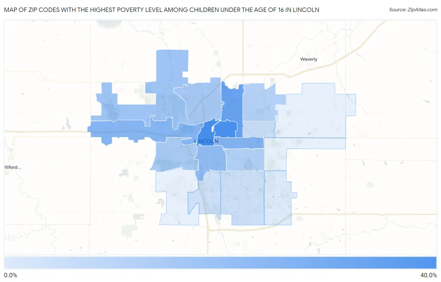 Zip Codes with the Highest Poverty Level Among Children Under the Age of 16 in Lincoln Map