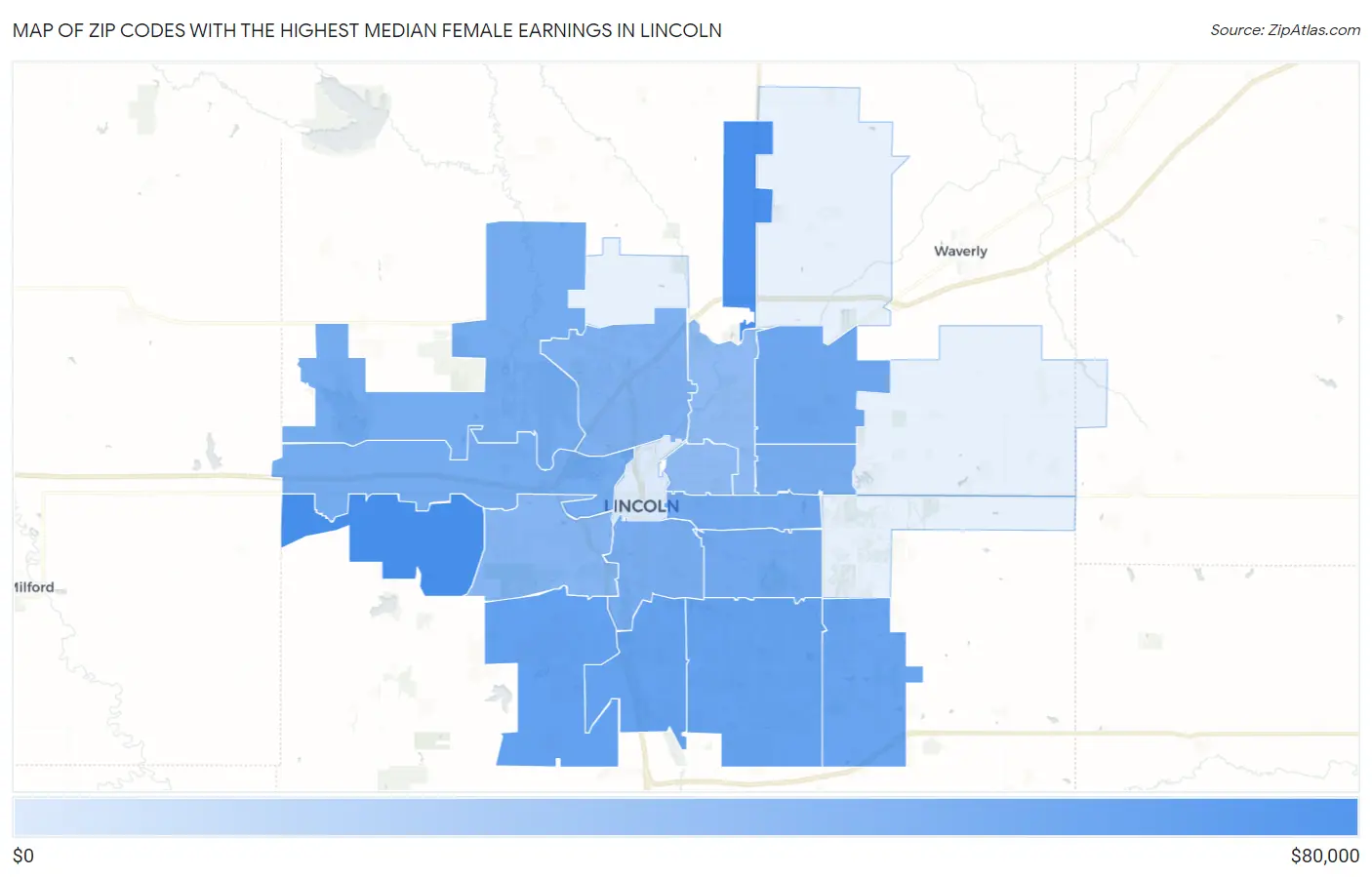 Zip Codes with the Highest Median Female Earnings in Lincoln Map