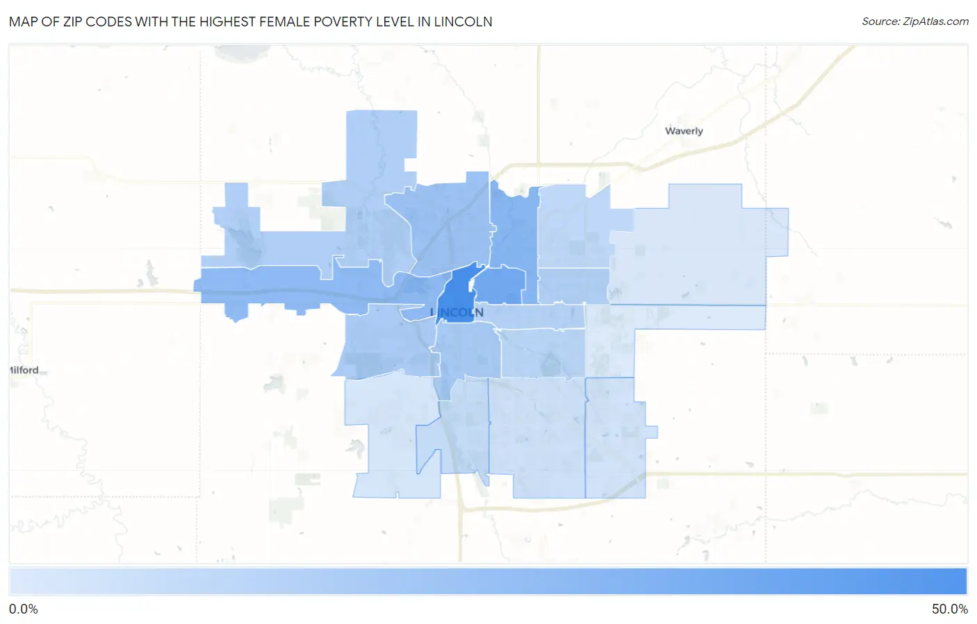 Zip Codes with the Highest Female Poverty Level in Lincoln Map