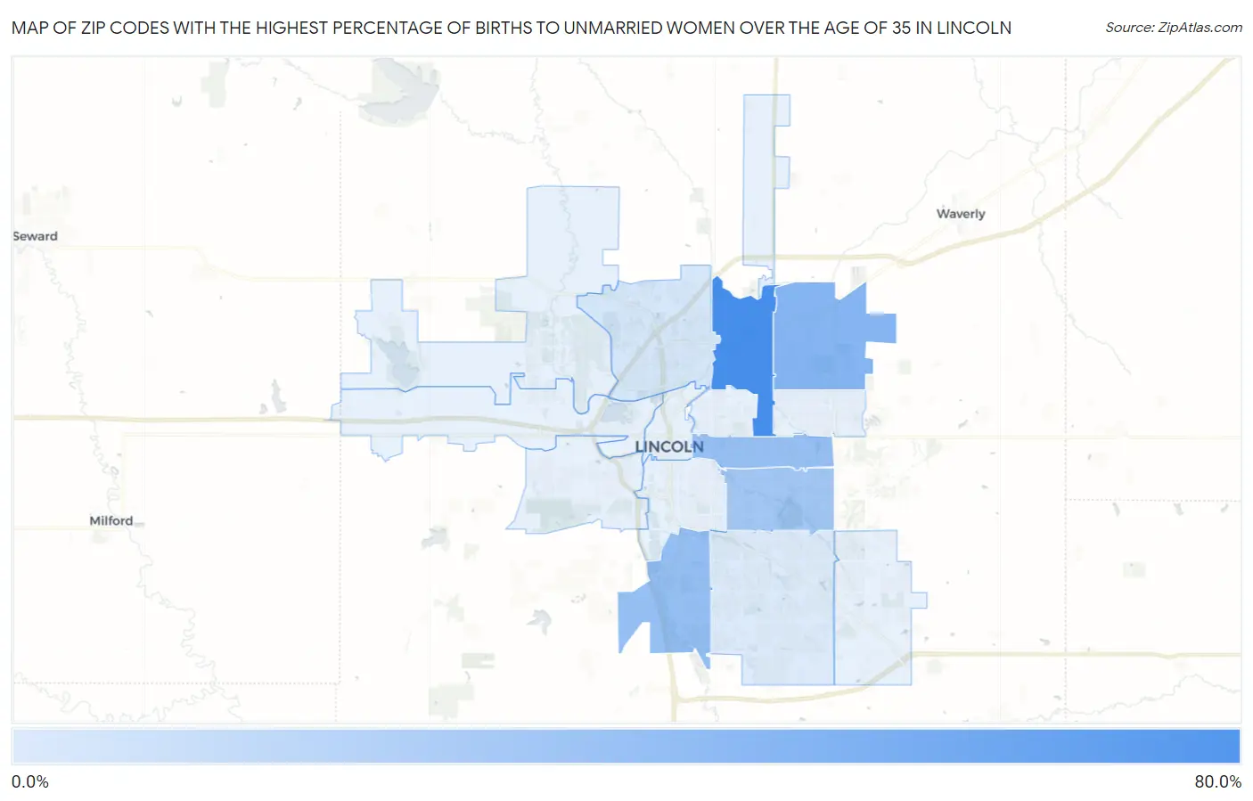 Zip Codes with the Highest Percentage of Births to Unmarried Women over the Age of 35 in Lincoln Map