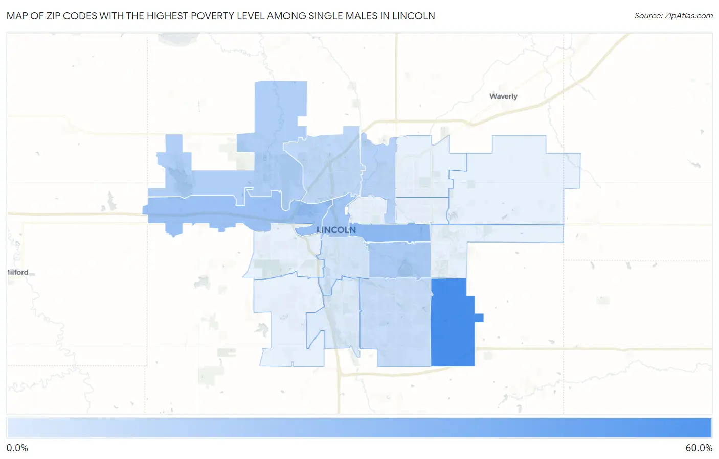 Zip Codes with the Highest Poverty Level Among Single Males in Lincoln Map