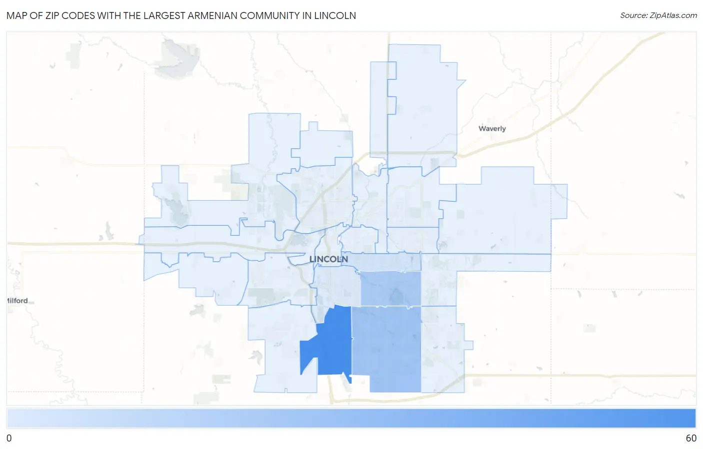 Zip Codes with the Largest Armenian Community in Lincoln Map