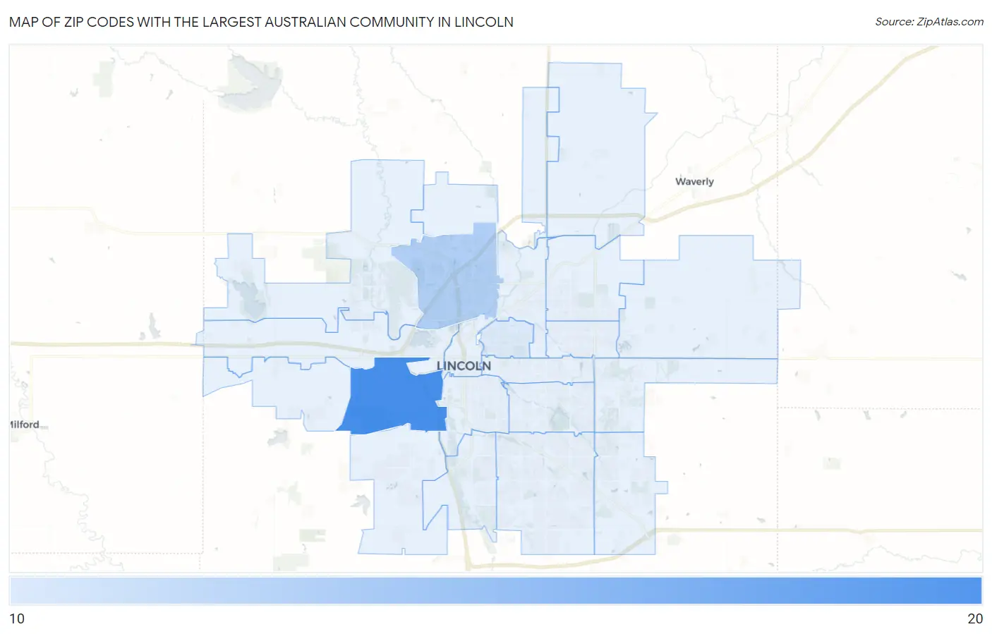 Zip Codes with the Largest Australian Community in Lincoln Map