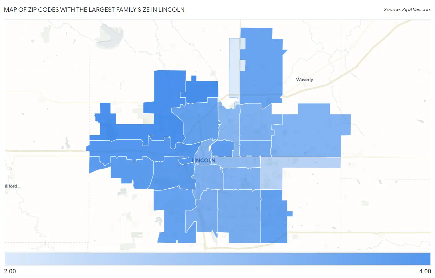 Zip Codes with the Largest Family Size in Lincoln Map