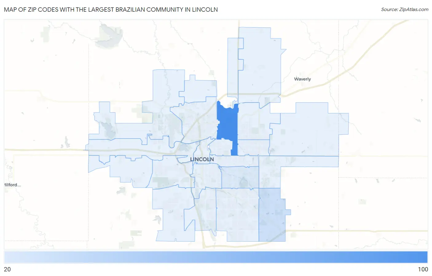 Zip Codes with the Largest Brazilian Community in Lincoln Map