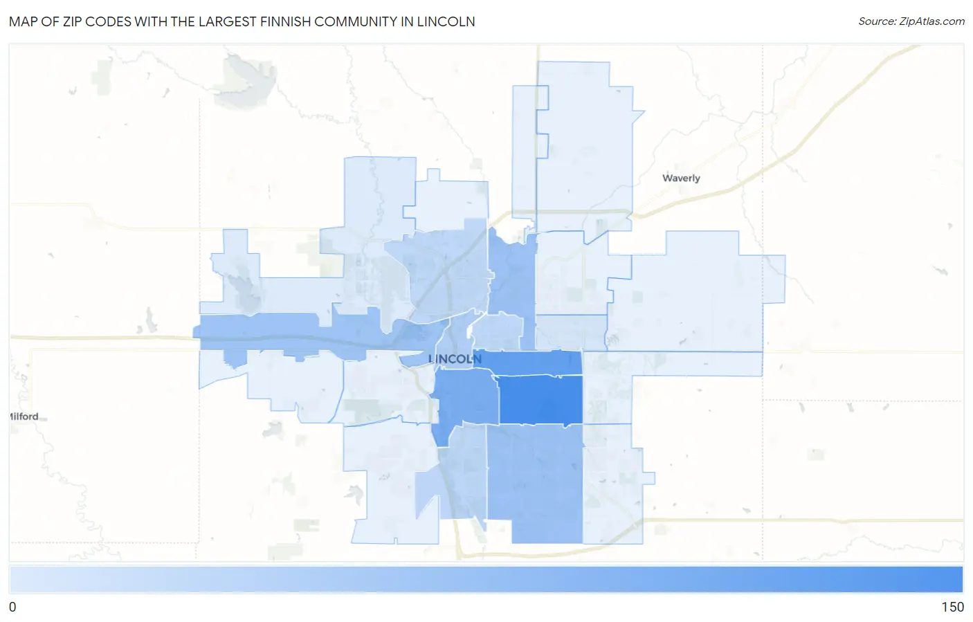 Zip Codes with the Largest Finnish Community in Lincoln Map