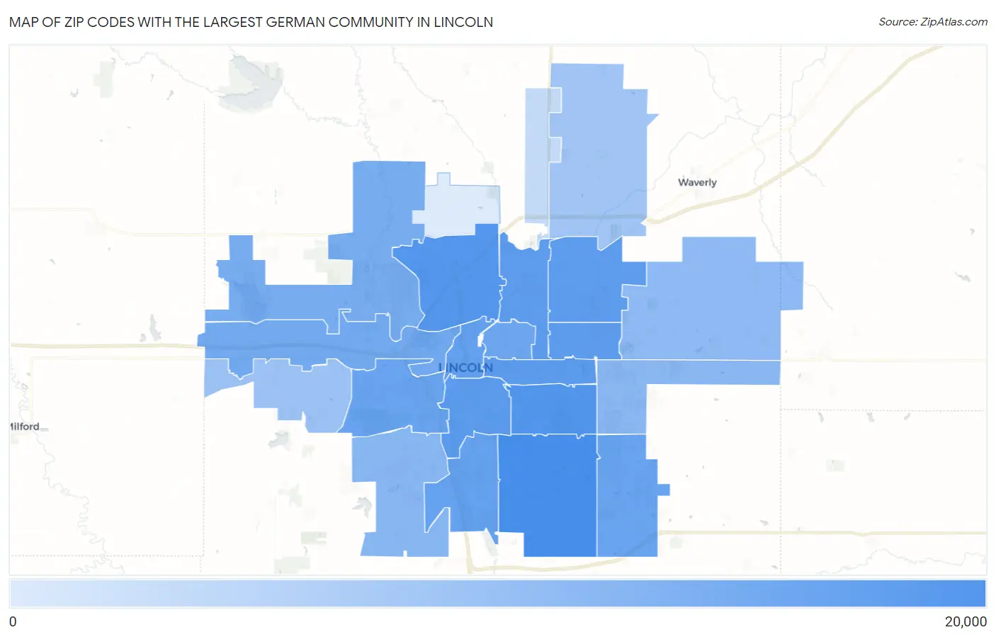 Zip Codes with the Largest German Community in Lincoln Map