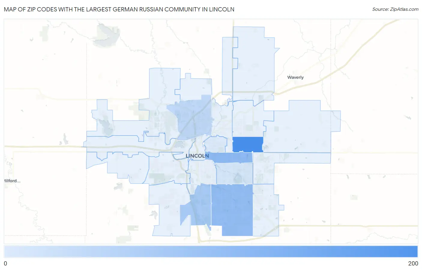 Zip Codes with the Largest German Russian Community in Lincoln Map