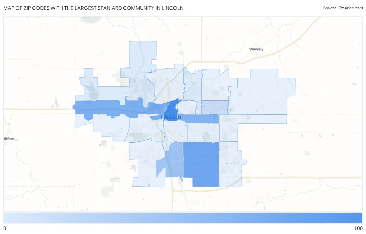 Zip Codes with the Largest Spaniard Community in Lincoln Map