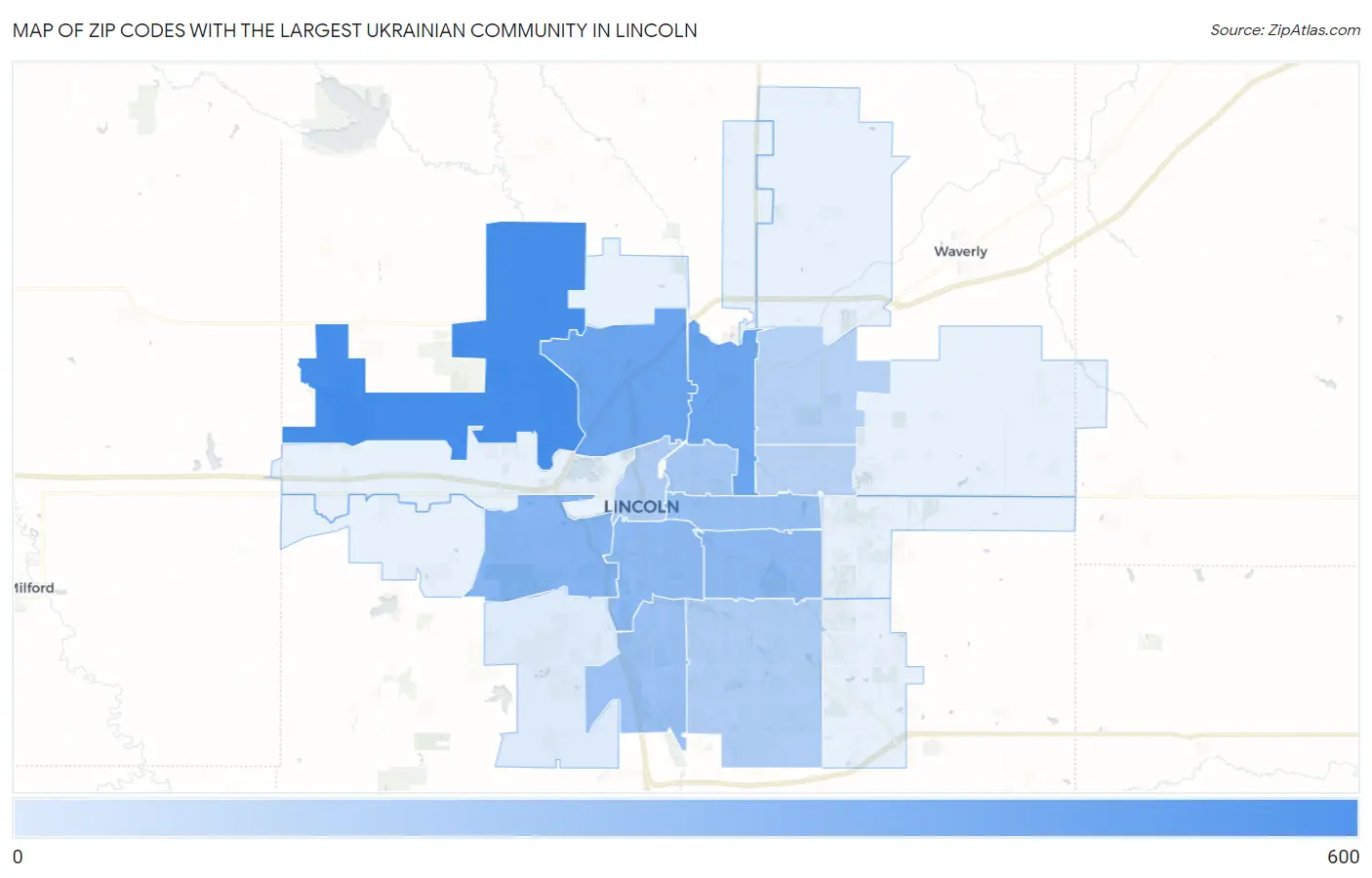 Zip Codes with the Largest Ukrainian Community in Lincoln Map