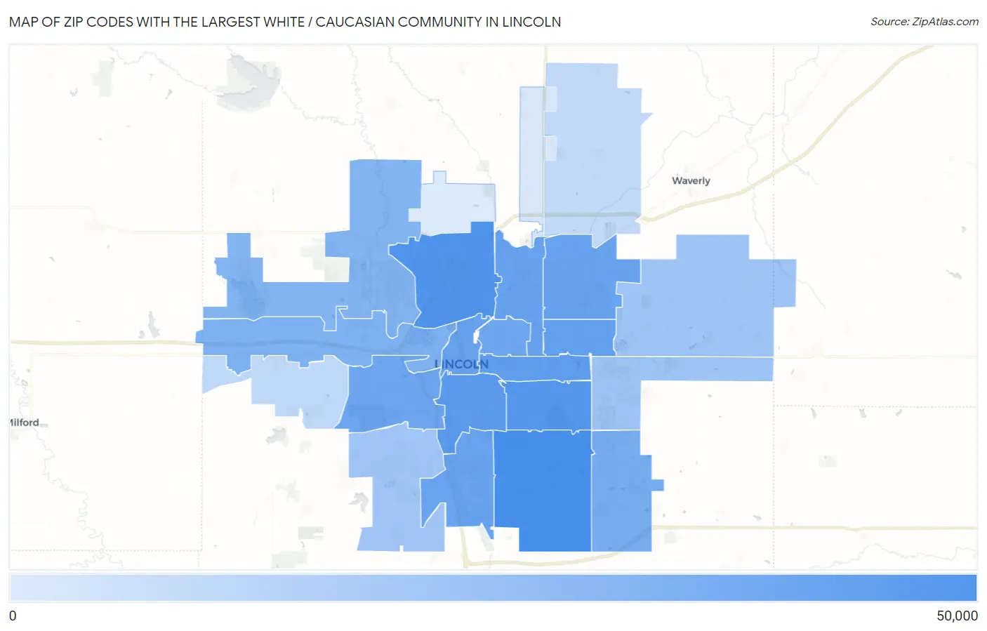 Zip Codes with the Largest White / Caucasian Community in Lincoln Map