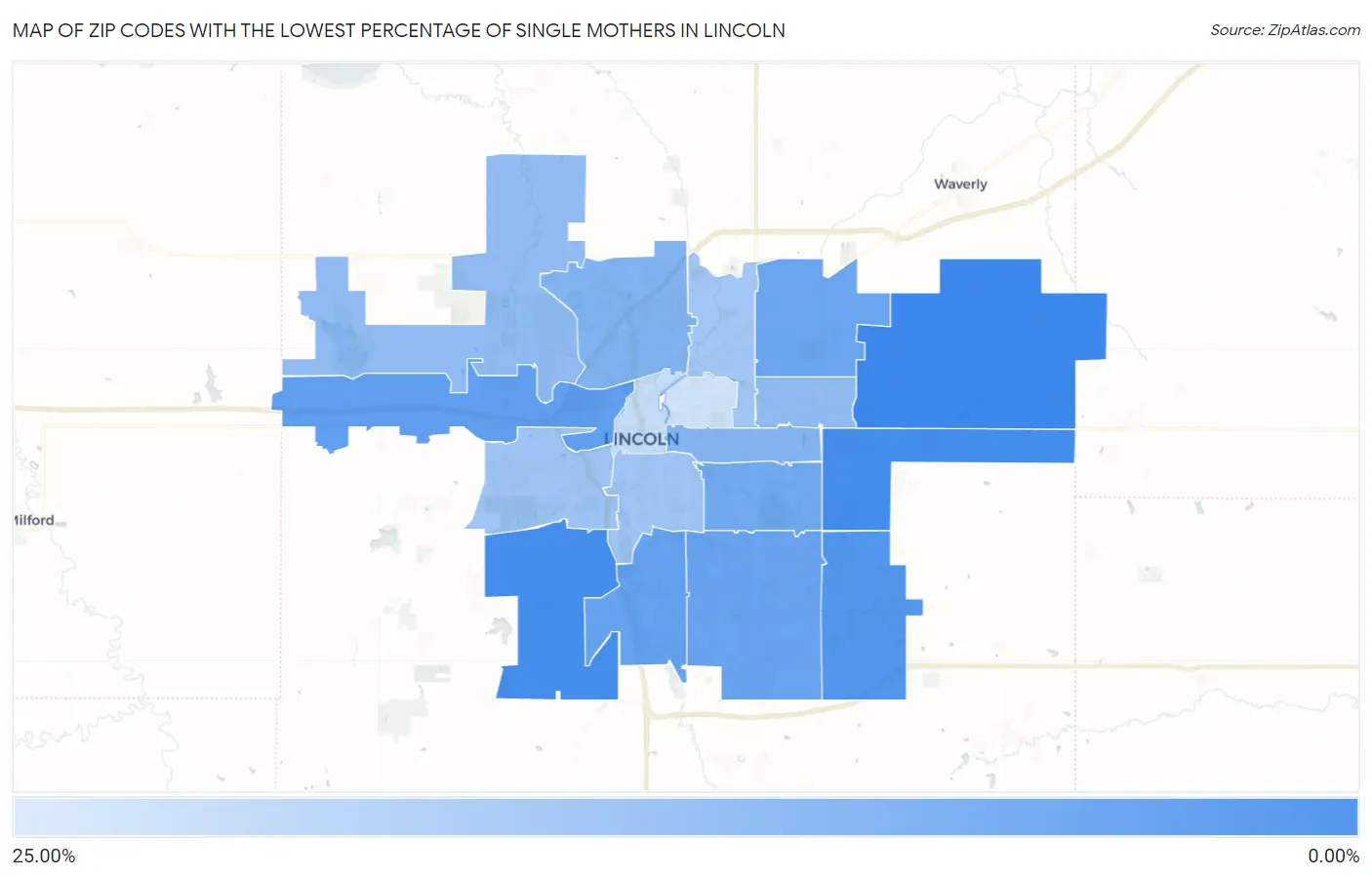 Zip Codes with the Lowest Percentage of Single Mothers in Lincoln Map