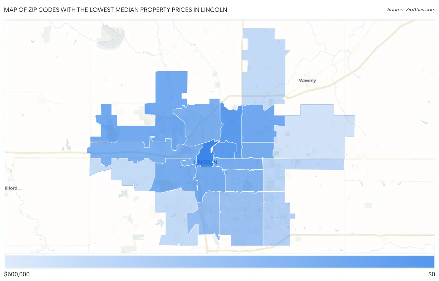 Zip Codes with the Lowest Median Property Prices in Lincoln Map