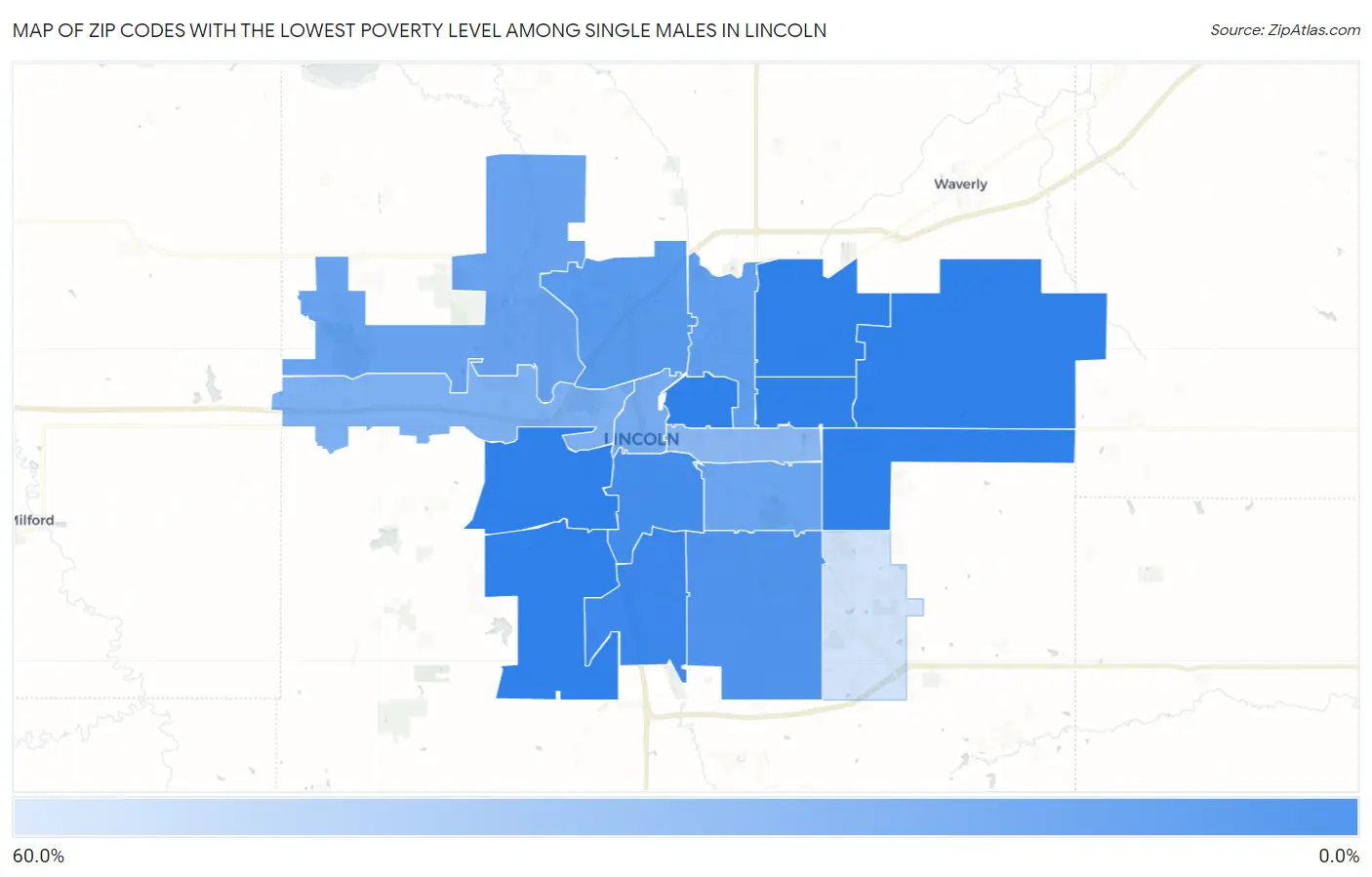 Zip Codes with the Lowest Poverty Level Among Single Males in Lincoln Map