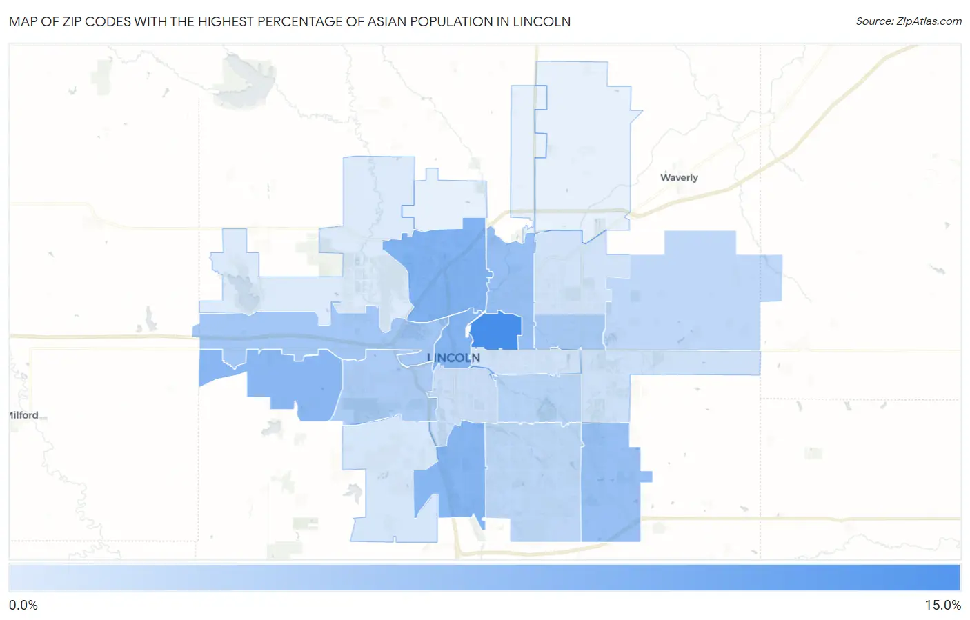 Zip Codes with the Highest Percentage of Asian Population in Lincoln Map