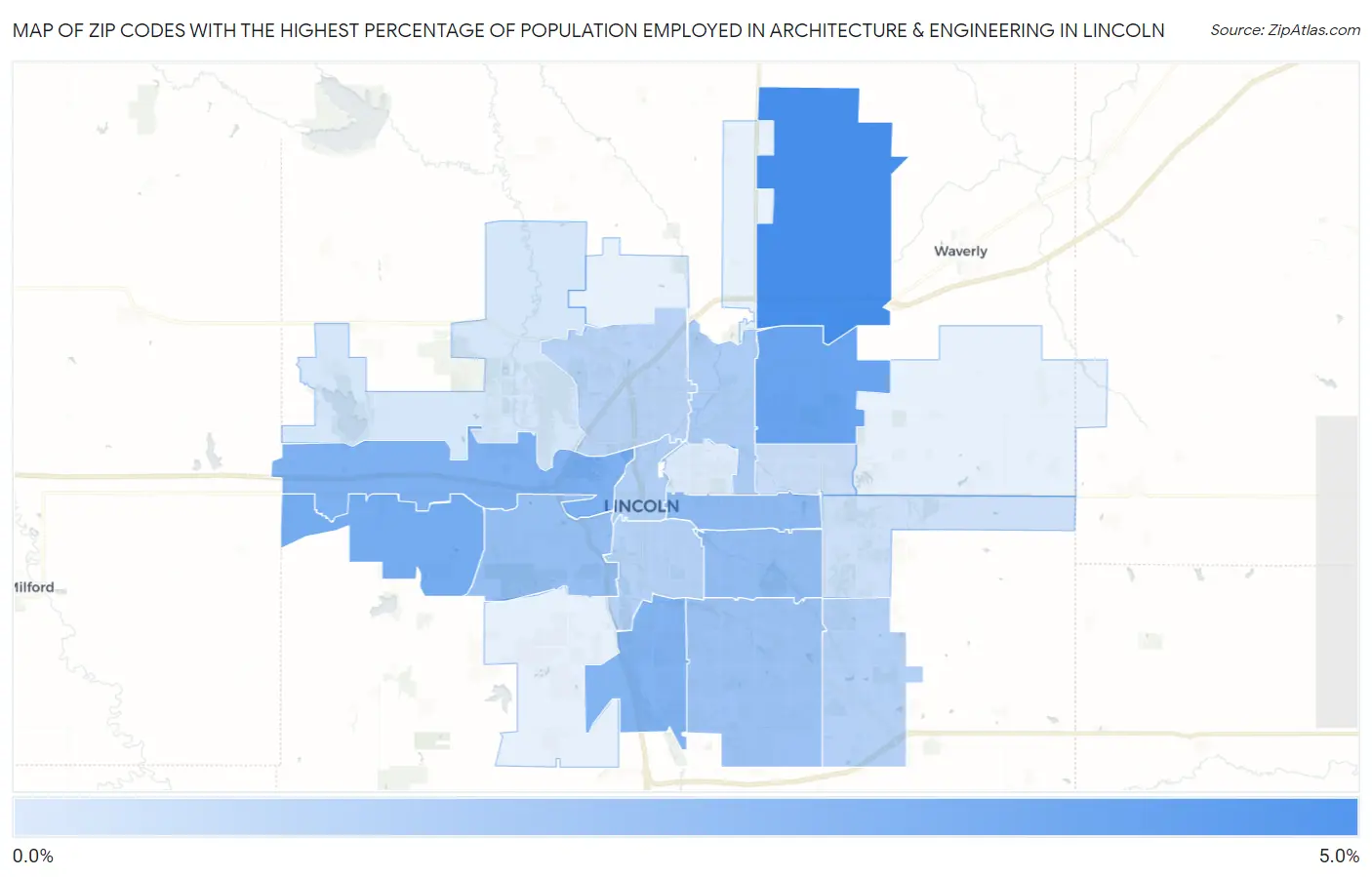 Zip Codes with the Highest Percentage of Population Employed in Architecture & Engineering in Lincoln Map