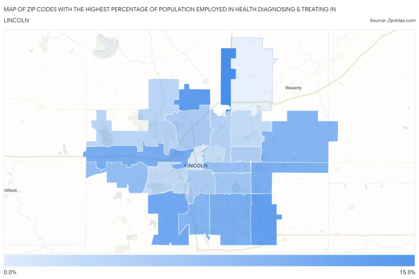 Zip Codes with the Highest Percentage of Population Employed in Health Diagnosing & Treating in Lincoln Map
