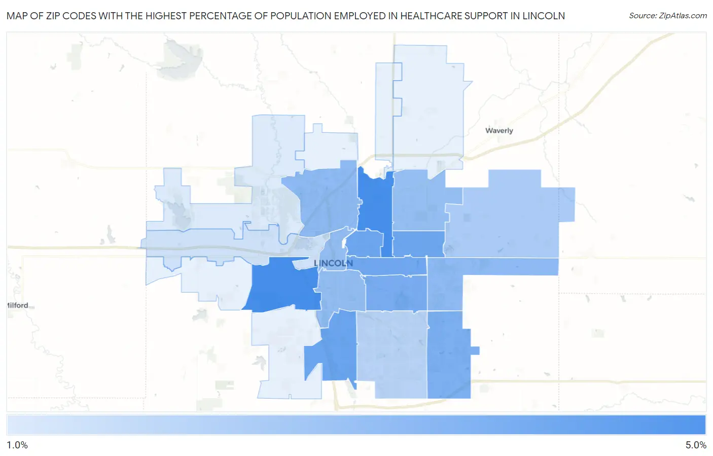 Zip Codes with the Highest Percentage of Population Employed in Healthcare Support in Lincoln Map