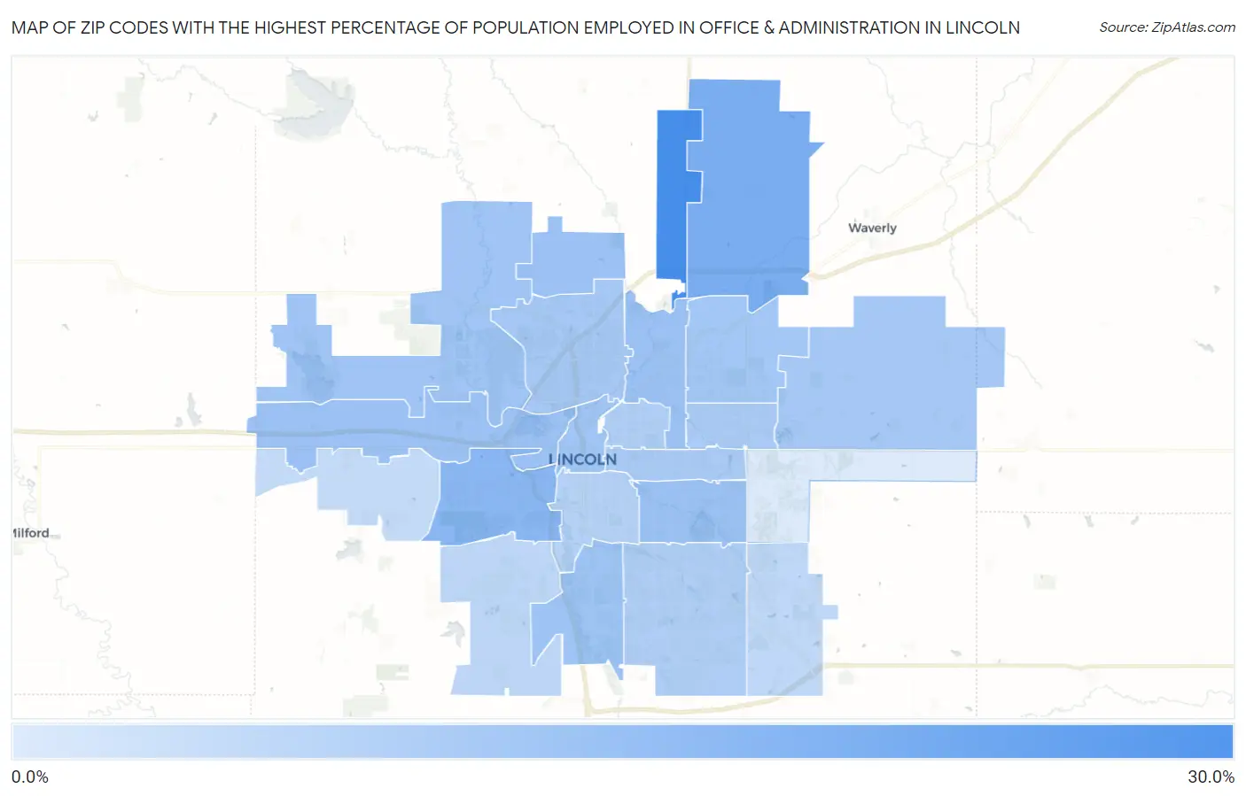 Zip Codes with the Highest Percentage of Population Employed in Office & Administration in Lincoln Map