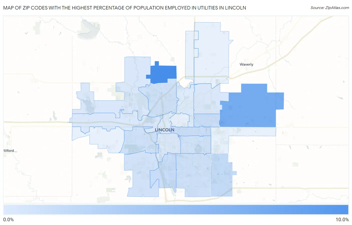 Zip Codes with the Highest Percentage of Population Employed in Utilities in Lincoln Map